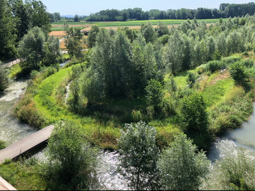 Die „Fischtreppe“ bei Au. Sie gilt als Europas größter Fischaufstieg. Die wasserbaulichen Vorrichtungen ermöglichen Fischen und anderen Kleintieren, den Stauweh in der Donau zu überwinden.